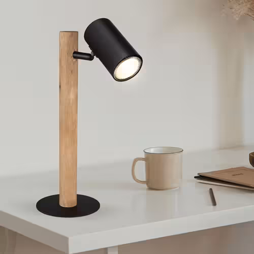 Schreibtischleuchte aus Holz mit beweglichem Spot