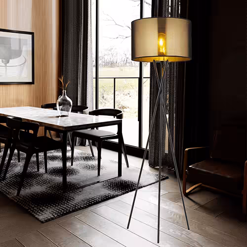 Stehlampe 3-Bein mit goldenem Schirm